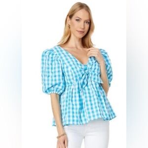 NWT Lilly Pulitzer Sarafina Turquois Oasis Crinkle Ging Short Sleeve Blouse